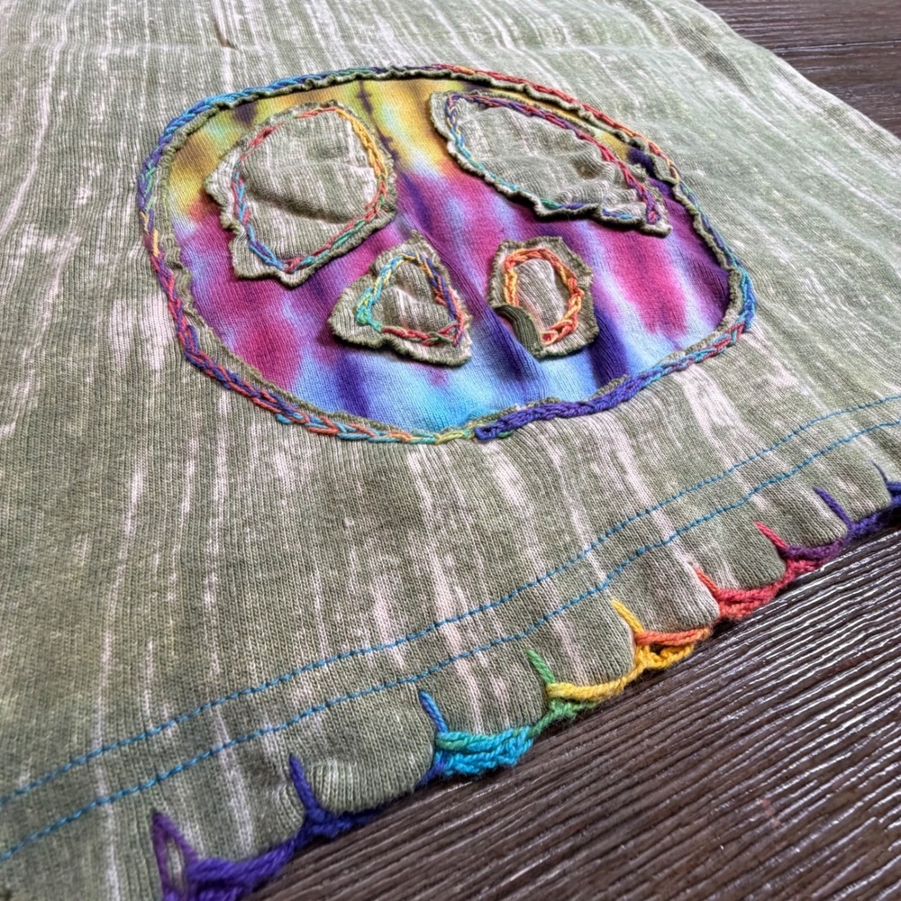 Shop Therapy Nepal Cotton Tie Dye Peace Sign Slashed Boho Tank Top Green M/L - Picture 3 of 10